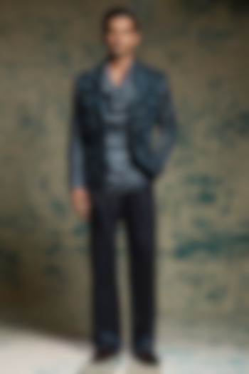 Charcoal Blue Linen Silk Hand Embroidered Short Jacket Set by Jatin Malik at Pernia's Pop Up Shop