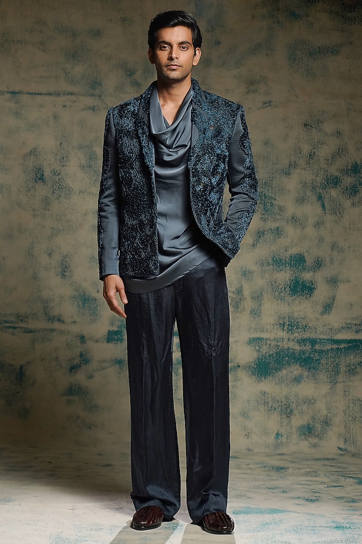 Charcoal Blue Linen Silk Hand Embroidered Short Jacket Set by Jatin Malik at Pernia's Pop Up Shop