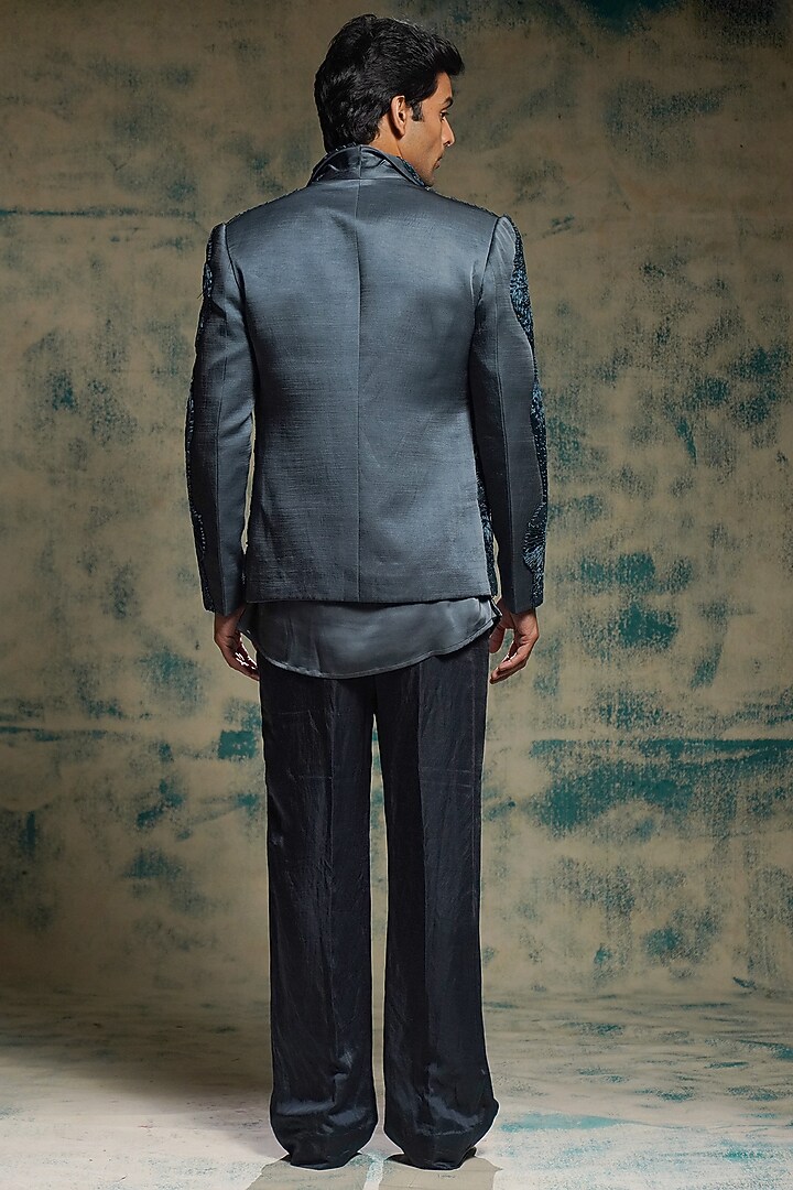Charcoal Blue Linen Silk Hand Embroidered Short Jacket Set by Jatin Malik at Pernia's Pop Up Shop
