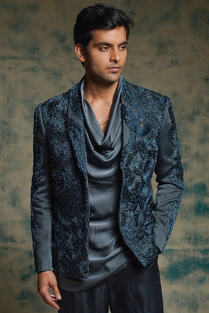 Charcoal Blue Linen Silk Hand Embroidered Short Jacket Set by Jatin Malik at Pernia's Pop Up Shop