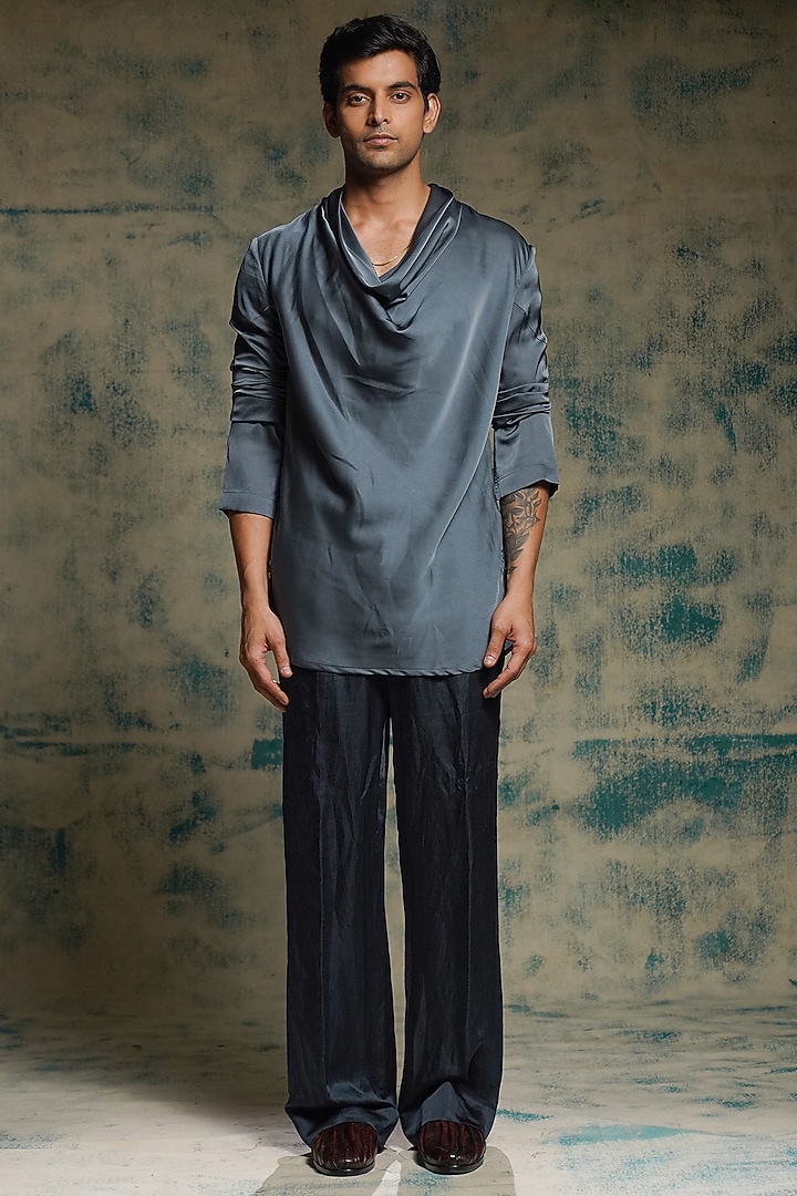 Charcoal Blue Linen Silk Hand Embroidered Short Jacket Set by Jatin Malik at Pernia's Pop Up Shop