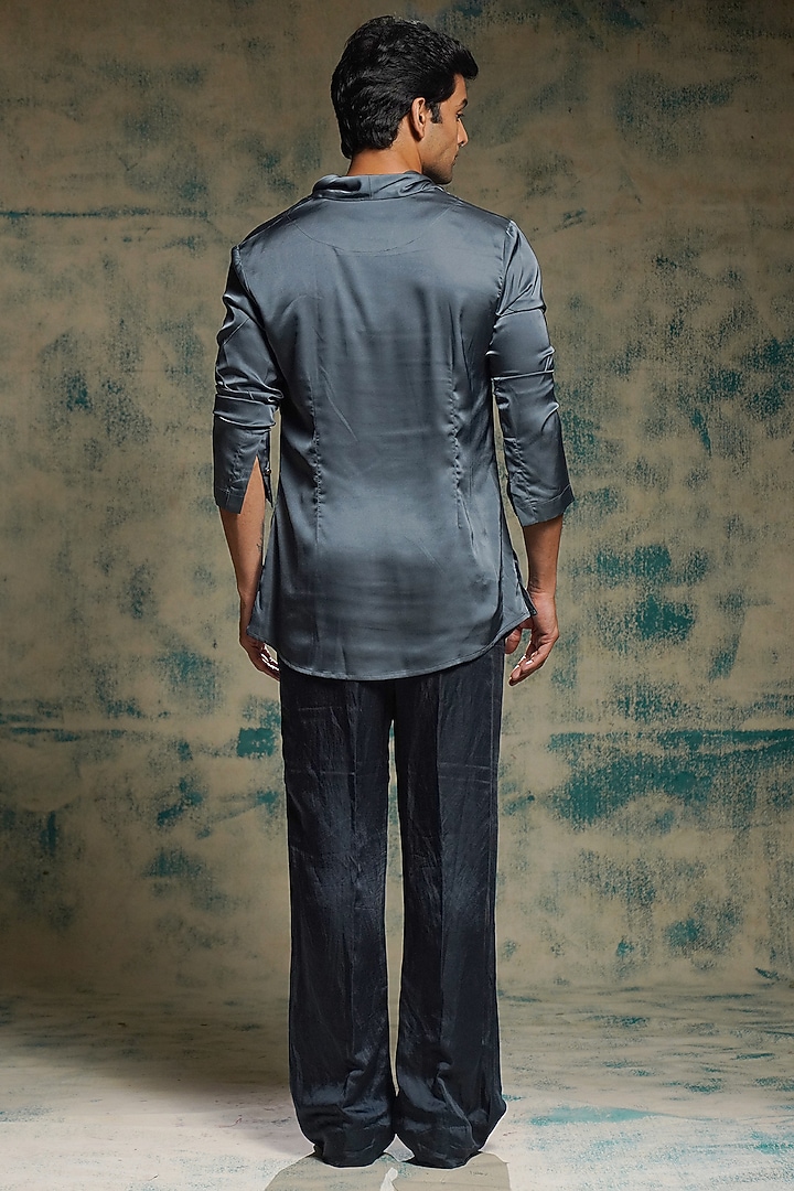 Charcoal Blue Linen Silk Hand Embroidered Short Jacket Set by Jatin Malik at Pernia's Pop Up Shop