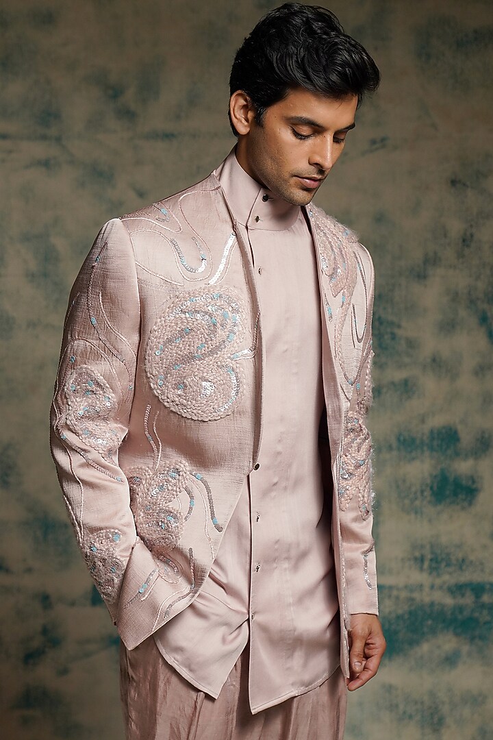 Mauve Linen Silk Hand Embroidered Blazer Set by Jatin Malik at Pernia's Pop Up Shop