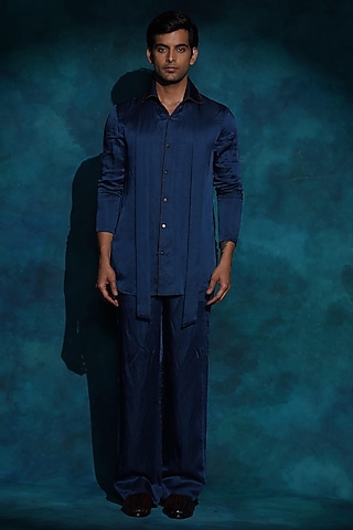 Teal Linen Silk Co-Ord Set by Jatin Malik