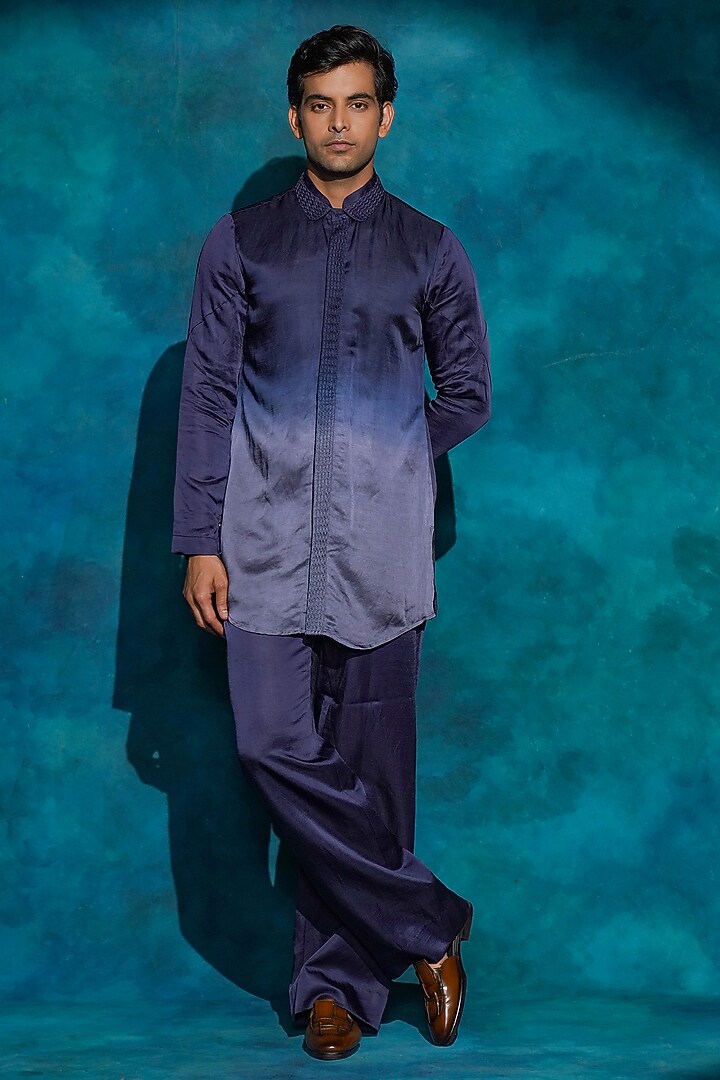 Purple Ombre Linen Silk Short Kurta Set by Jatin Malik at Pernia's Pop Up Shop