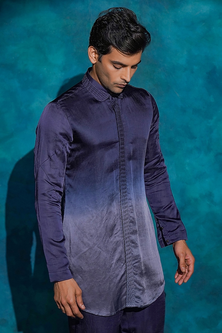 Purple Ombre Linen Silk Short Kurta Set by Jatin Malik at Pernia's Pop Up Shop