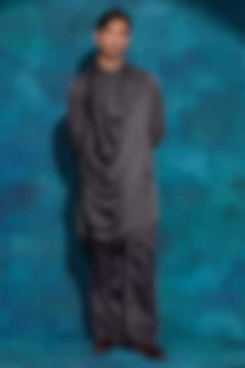 Charcoal Grey Linen Silk Draped Kurta Set by Jatin Malik at Pernia's Pop Up Shop