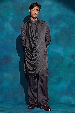 Charcoal Grey Linen Silk Draped Kurta Set by Jatin Malik