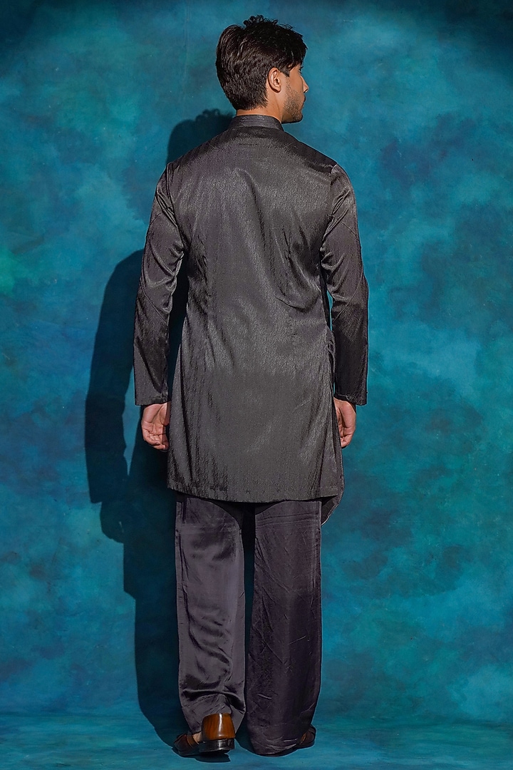 Charcoal Grey Linen Silk Draped Kurta Set by Jatin Malik at Pernia's Pop Up Shop