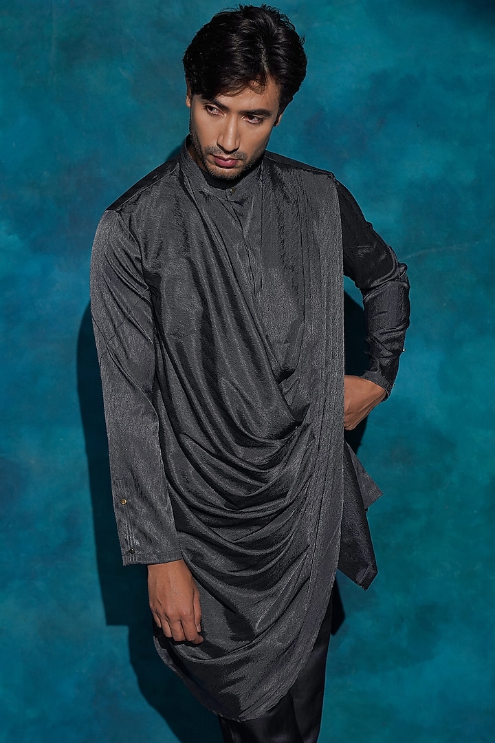 Charcoal Grey Linen Silk Draped Kurta Set by Jatin Malik at Pernia's Pop Up Shop