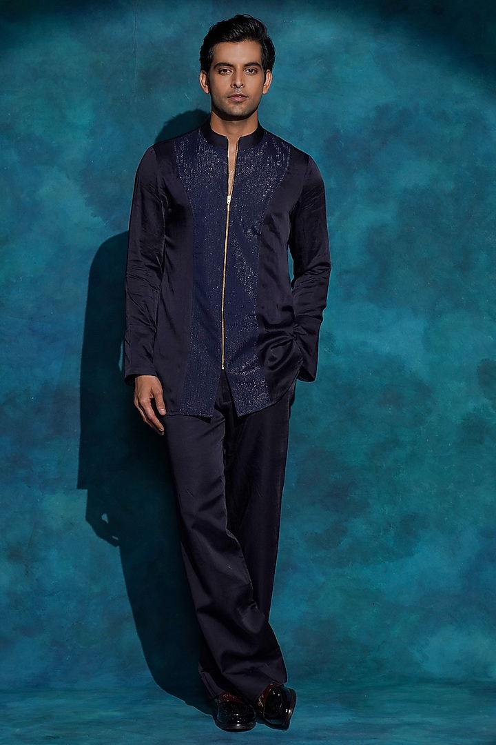 Midnight Blue Linen Silk Co-Ord Set by Jatin Malik at Pernia's Pop Up Shop