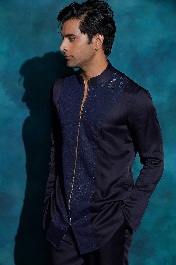 Midnight Blue Linen Silk Co-Ord Set by Jatin Malik at Pernia's Pop Up Shop