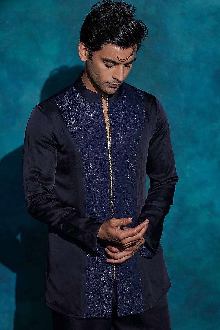 Midnight Blue Linen Silk Co-Ord Set by Jatin Malik at Pernia's Pop Up Shop