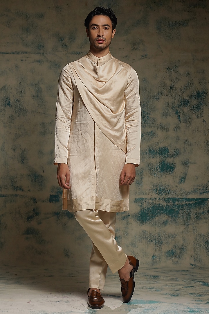 Butter Cream Linen Silk Draped Kurta Set by Jatin Malik at Pernia's Pop Up Shop