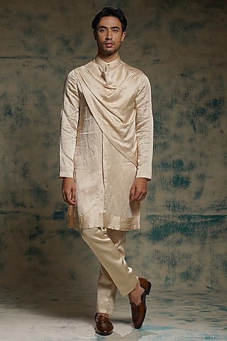 Butter Cream Linen Silk Draped Kurta Set by Jatin Malik