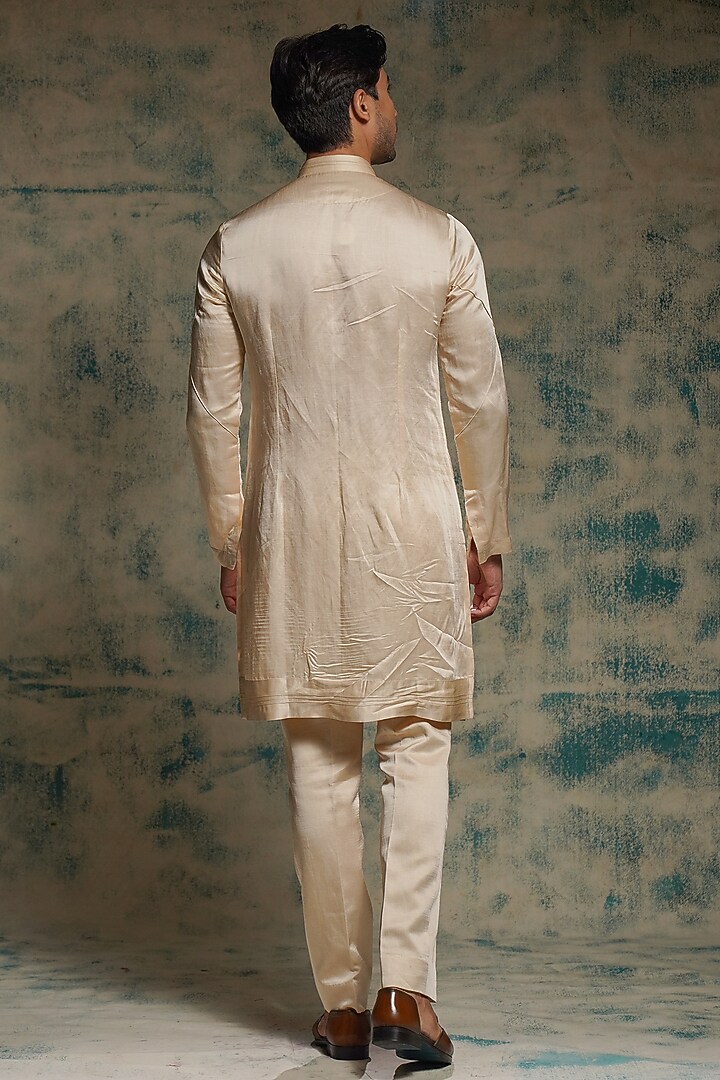 Butter Cream Linen Silk Draped Kurta Set by Jatin Malik at Pernia's Pop Up Shop