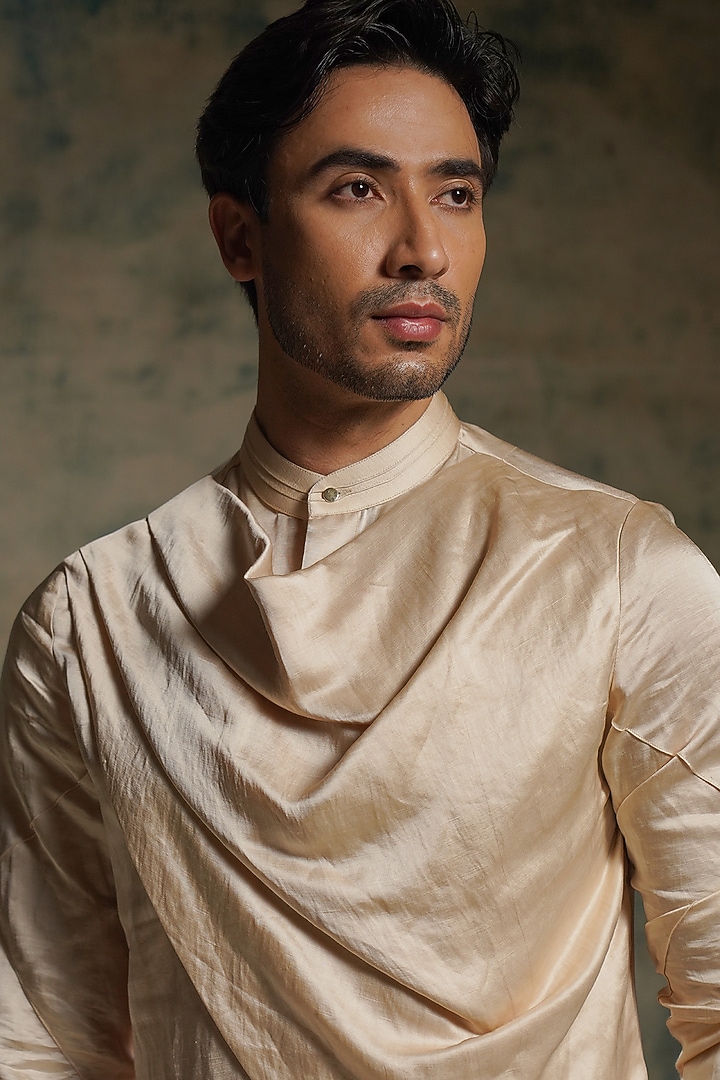 Butter Cream Linen Silk Draped Kurta Set by Jatin Malik at Pernia's Pop Up Shop