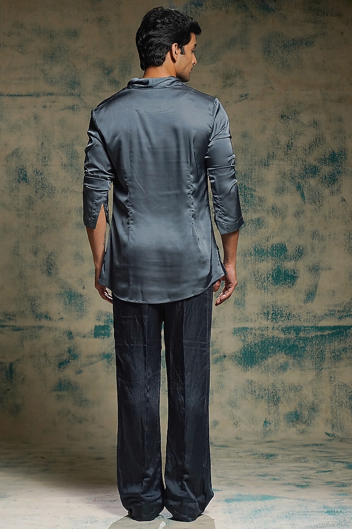 Charcoal Blue Linen Silk & Satin Lycra Cowl Kurta Set by Jatin Malik at Pernia's Pop Up Shop