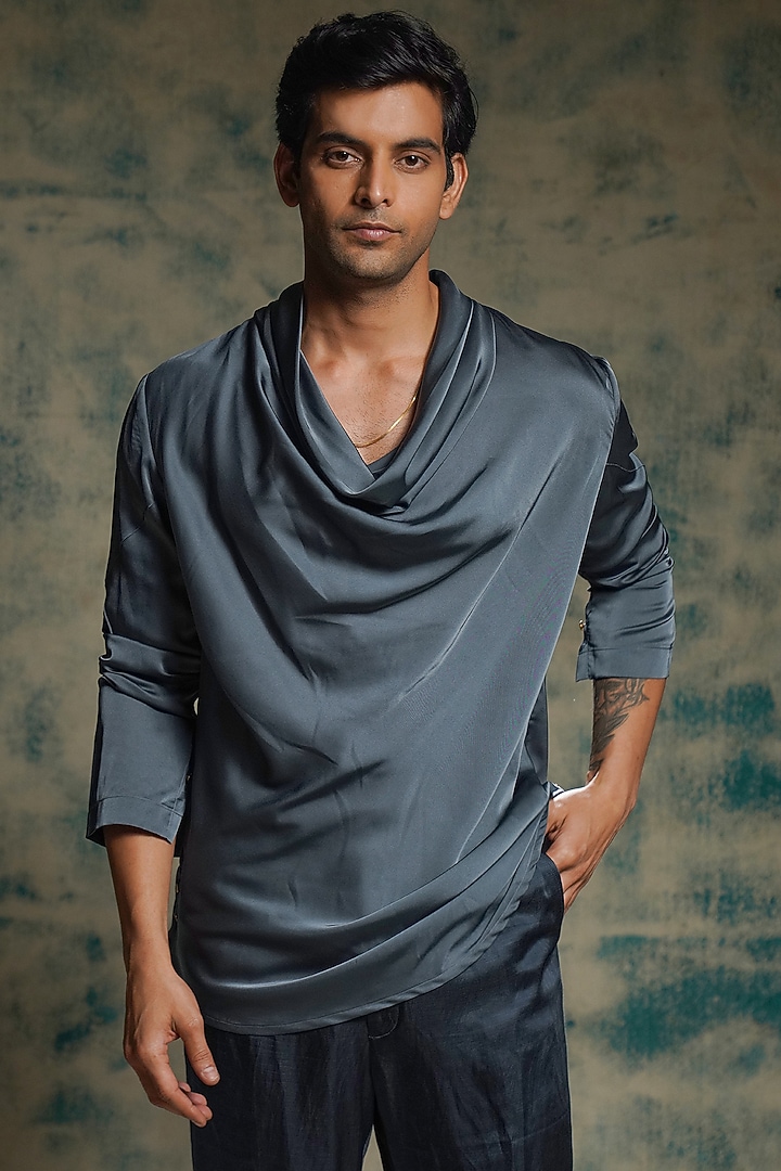 Charcoal Blue Linen Silk & Satin Lycra Cowl Kurta Set by Jatin Malik at Pernia's Pop Up Shop