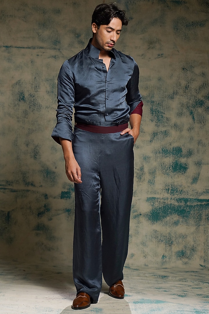 Charcoal Blue Linen Silk Co-Ord Set by Jatin Malik at Pernia's Pop Up Shop