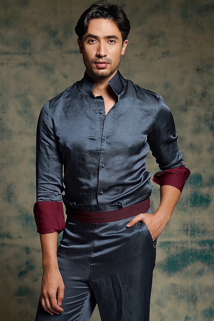 Charcoal Blue Linen Silk Co-Ord Set by Jatin Malik at Pernia's Pop Up Shop