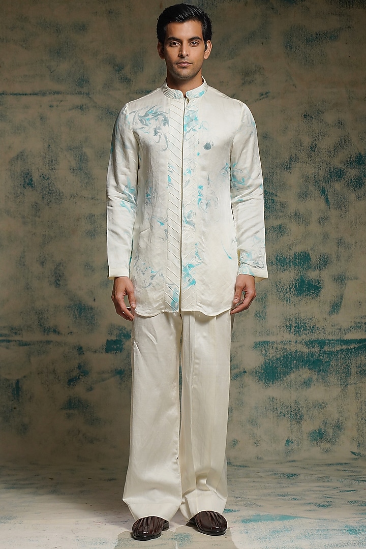 Ivory Linen Silk Marble Dyed Kurta Set by Jatin Malik at Pernia's Pop Up Shop