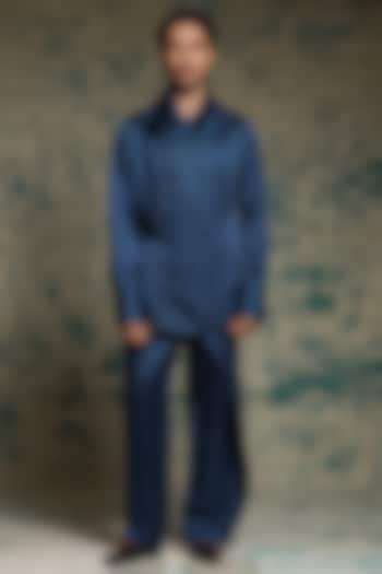 Teal Linen Silk Angrakha Kurta Set by Jatin Malik at Pernia's Pop Up Shop