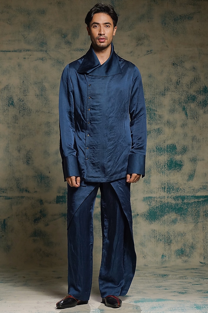 Teal Linen Silk Angrakha Kurta Set by Jatin Malik at Pernia's Pop Up Shop