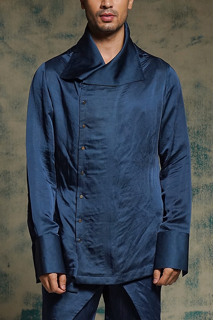 Teal Linen Silk Angrakha Kurta Set by Jatin Malik at Pernia's Pop Up Shop
