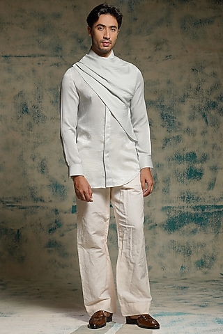 Silver Satin Linen Silk Co-Ord Set by Jatin Malik