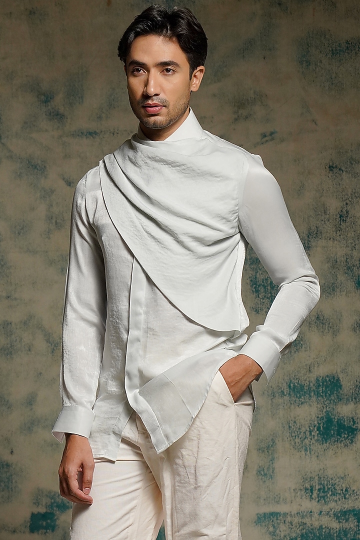 Silver Satin Linen Silk Co-Ord Set by Jatin Malik at Pernia's Pop Up Shop