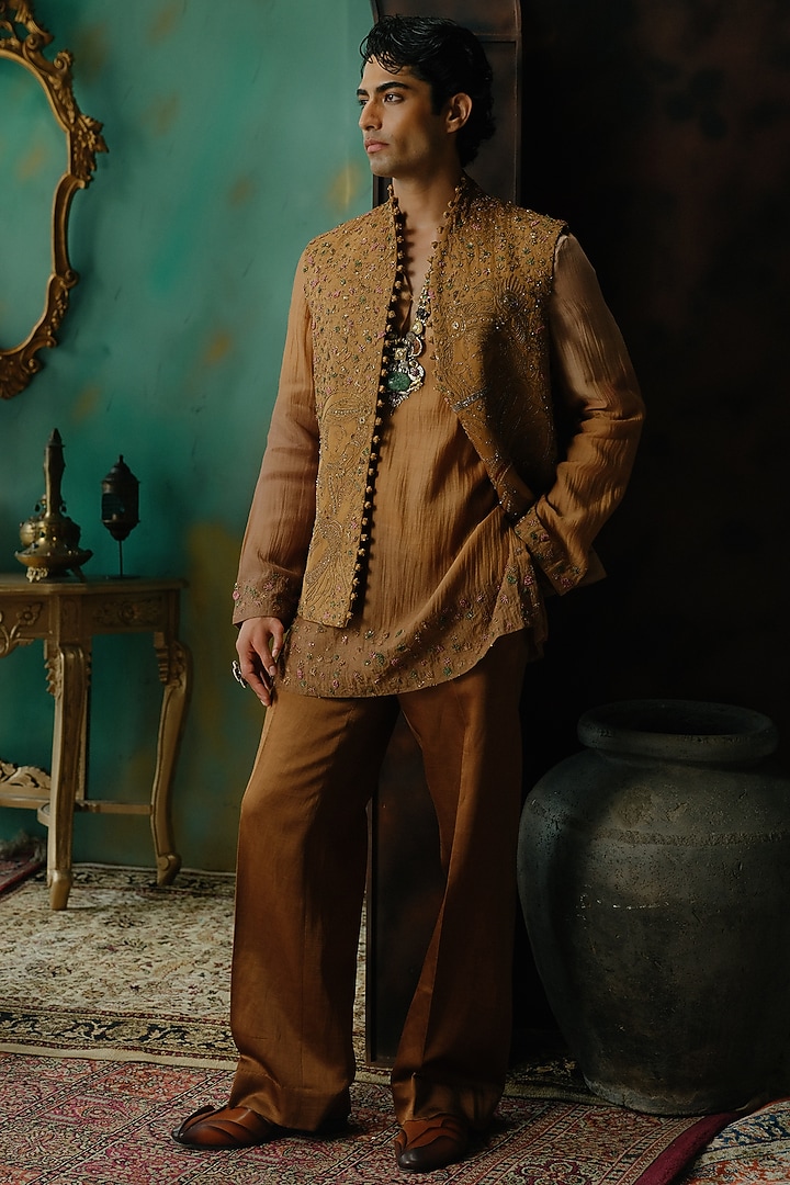Sunlit Brass Silk Hand Embroidered Nehru Jacket Set by Jatin Malik at Pernia's Pop Up Shop