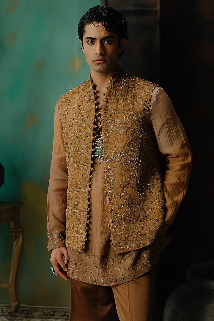Sunlit Brass Silk Hand Embroidered Nehru Jacket Set by Jatin Malik at Pernia's Pop Up Shop