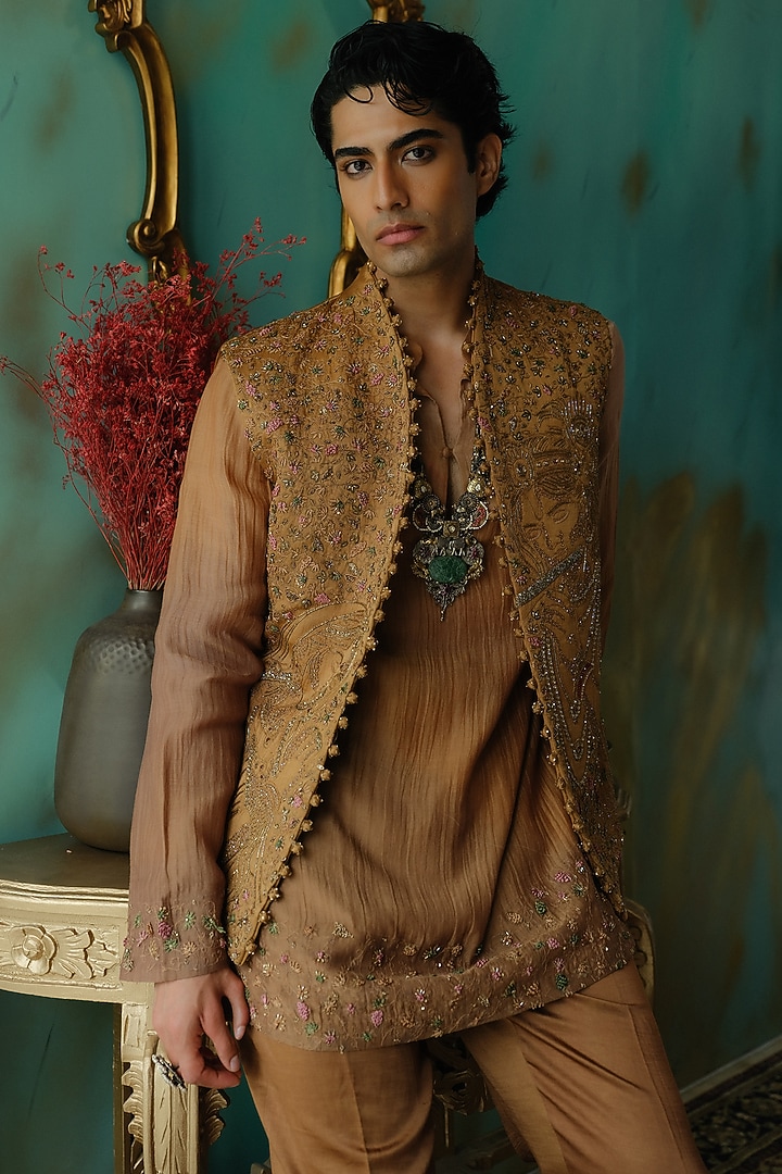 Sunlit Brass Silk Hand Embroidered Nehru Jacket Set by Jatin Malik at Pernia's Pop Up Shop
