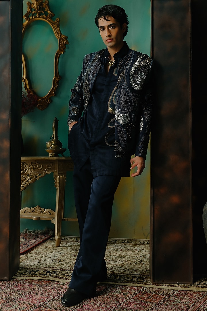Midnight Blue Silk Hand Embroidered Short Jacket Set by Jatin Malik at Pernia's Pop Up Shop