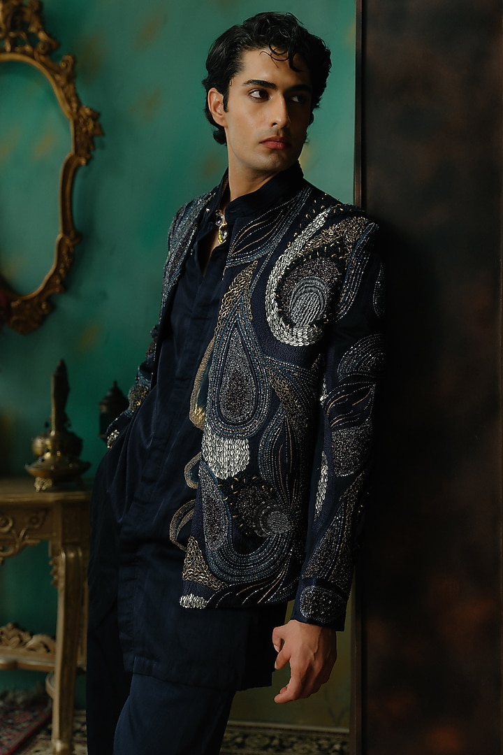 Midnight Blue Silk Hand Embroidered Short Jacket Set by Jatin Malik at Pernia's Pop Up Shop