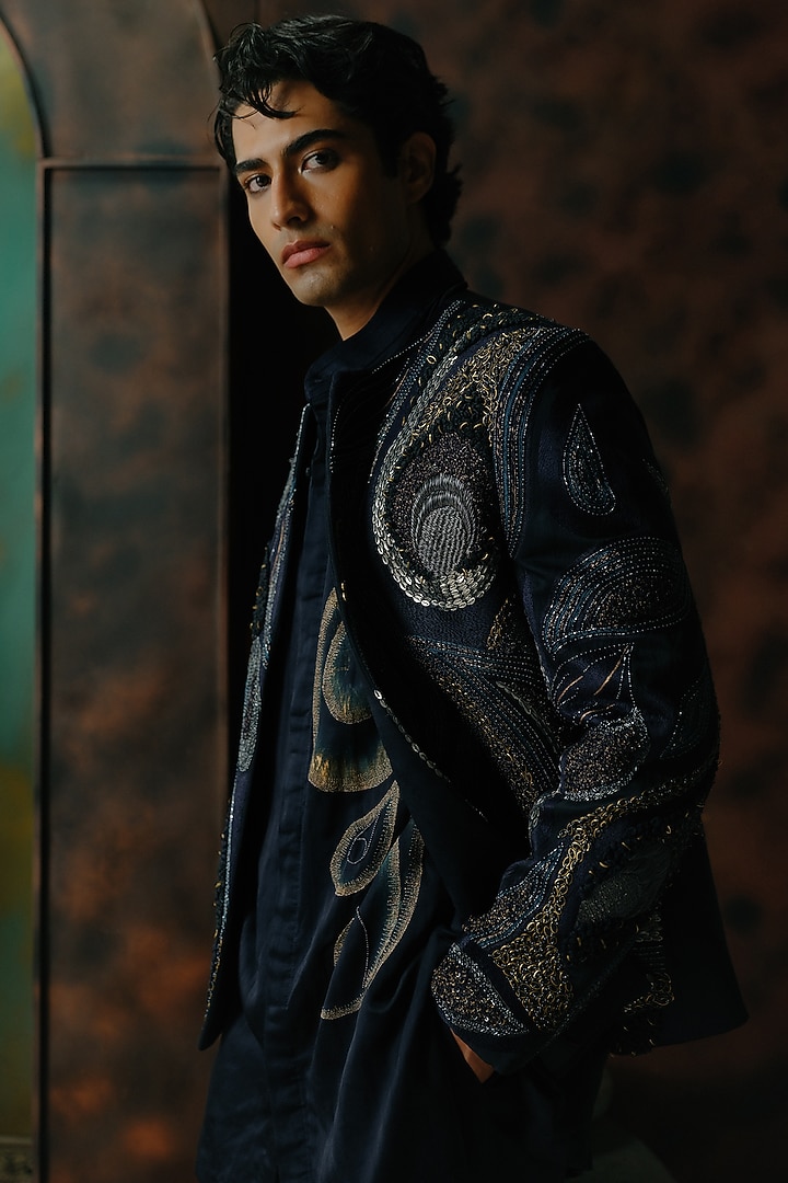 Midnight Blue Silk Hand Embroidered Short Jacket Set by Jatin Malik at Pernia's Pop Up Shop