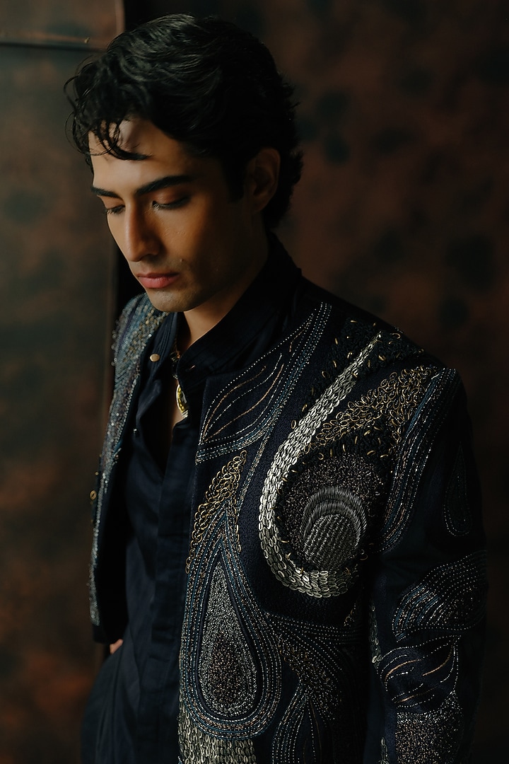 Midnight Blue Silk Hand Embroidered Short Jacket Set by Jatin Malik at Pernia's Pop Up Shop