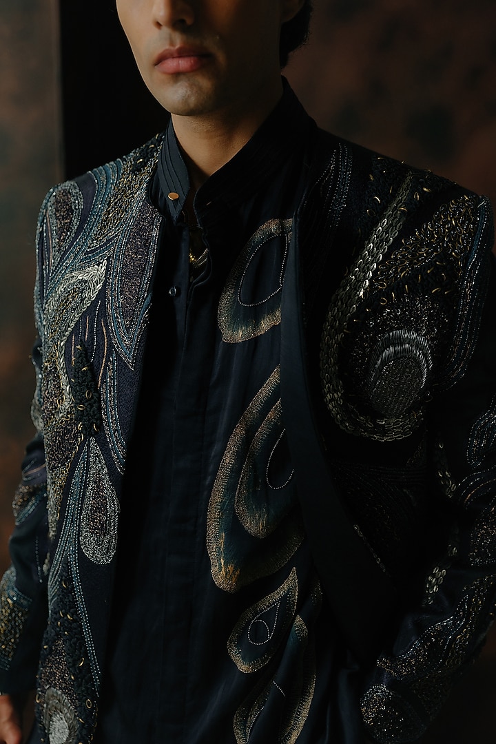 Midnight Blue Silk Hand Embroidered Short Jacket Set by Jatin Malik at Pernia's Pop Up Shop