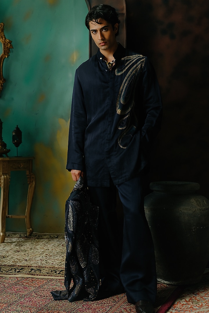 Midnight Blue Silk Hand Embroidered Kurta Set by Jatin Malik at Pernia's Pop Up Shop