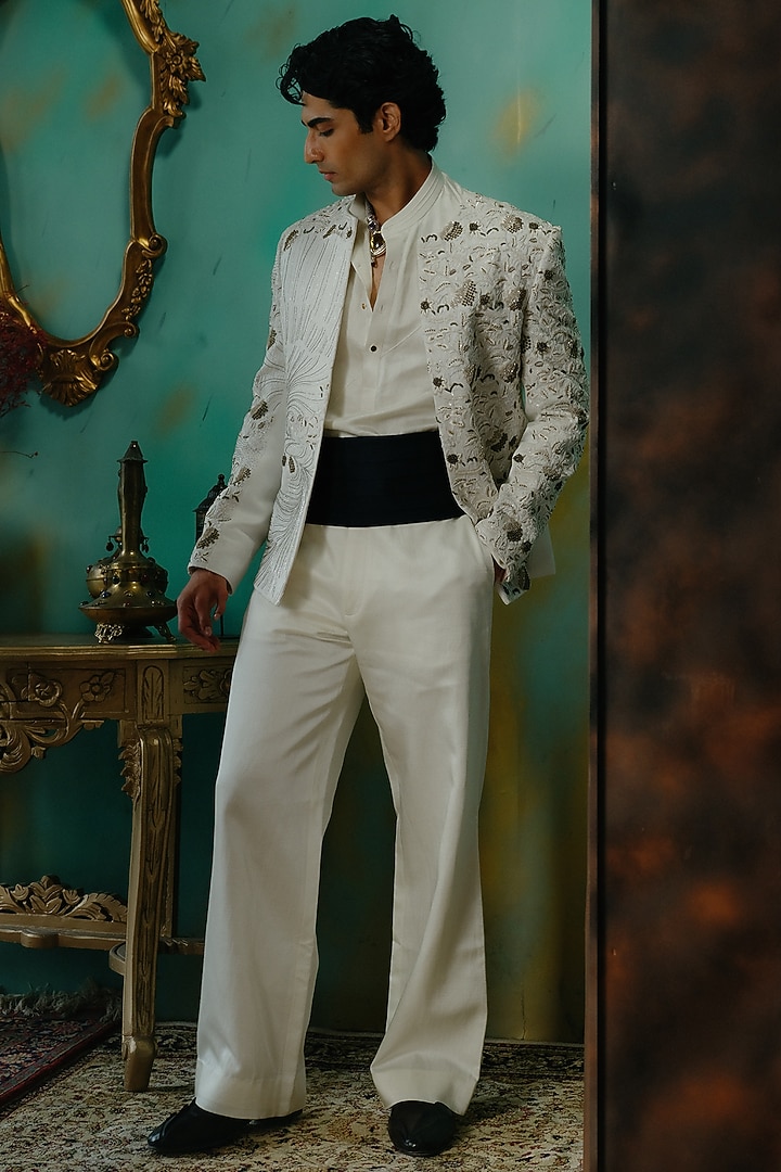 Ivory Silk Hand Embroidered Short Jacket Set by Jatin Malik at Pernia's Pop Up Shop