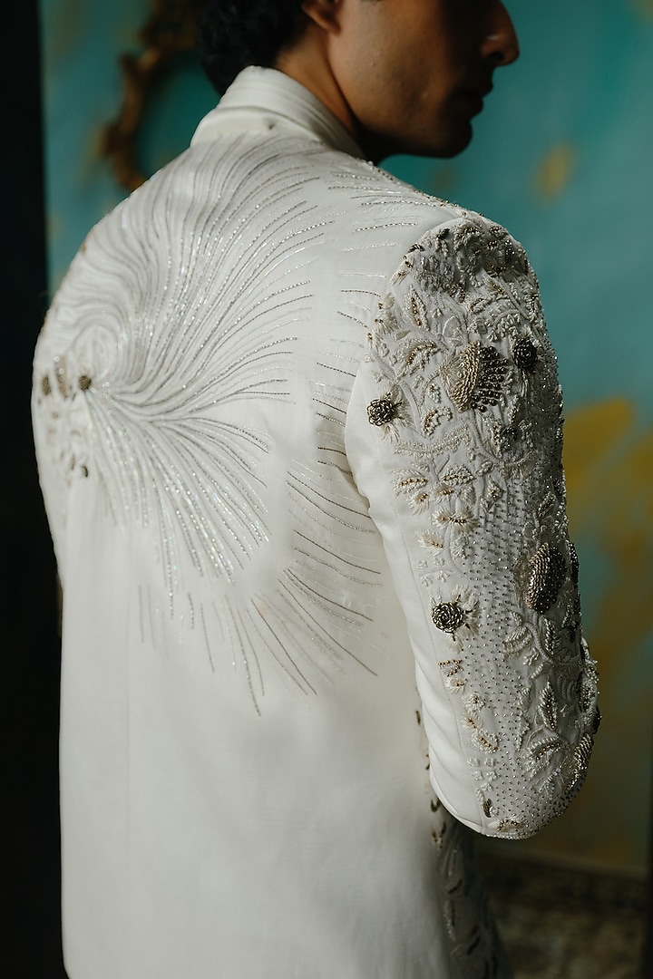 Ivory Silk Hand Embroidered Short Jacket Set by Jatin Malik at Pernia's Pop Up Shop