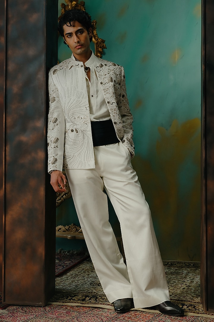 Ivory Silk Hand Embroidered Short Jacket Set by Jatin Malik at Pernia's Pop Up Shop