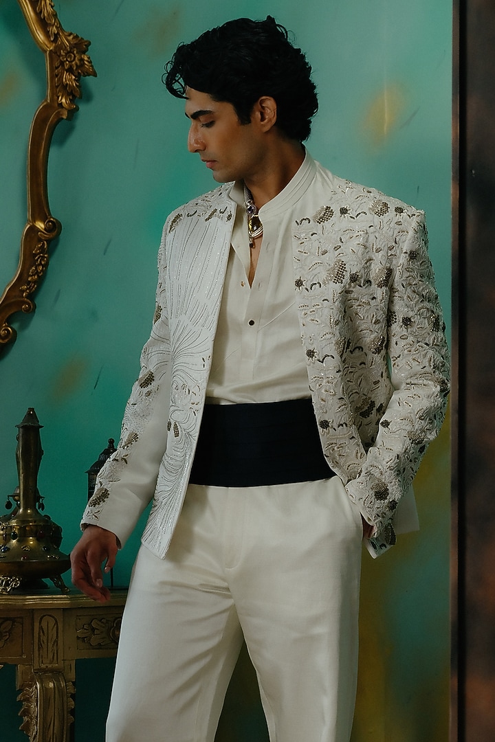 Ivory Silk Hand Embroidered Short Jacket Set by Jatin Malik at Pernia's Pop Up Shop
