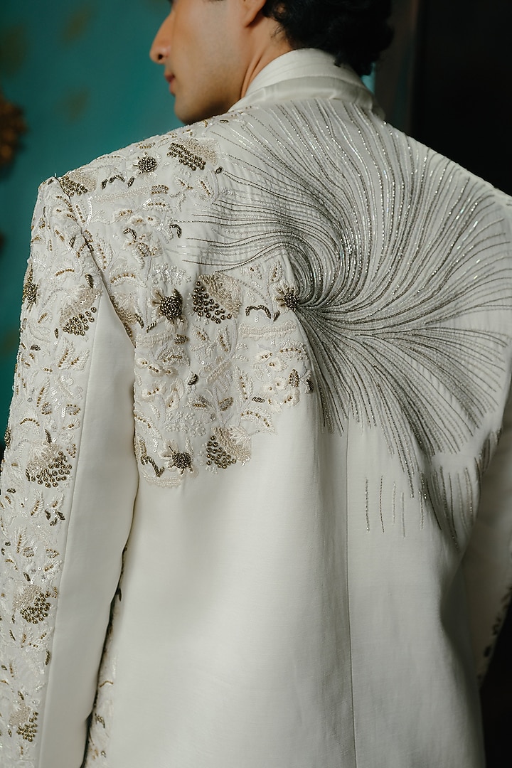 Ivory Silk Hand Embroidered Short Jacket Set by Jatin Malik at Pernia's Pop Up Shop