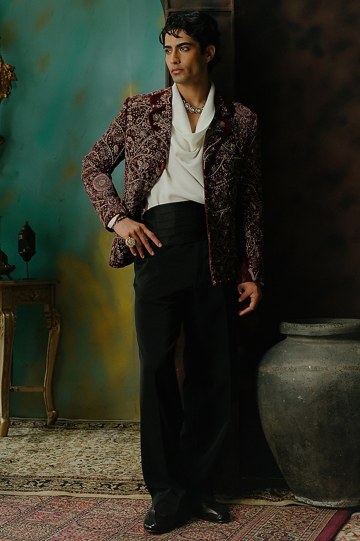 Wine Velvet Embroidered Blazer Set by Jatin Malik at Pernia's Pop Up Shop