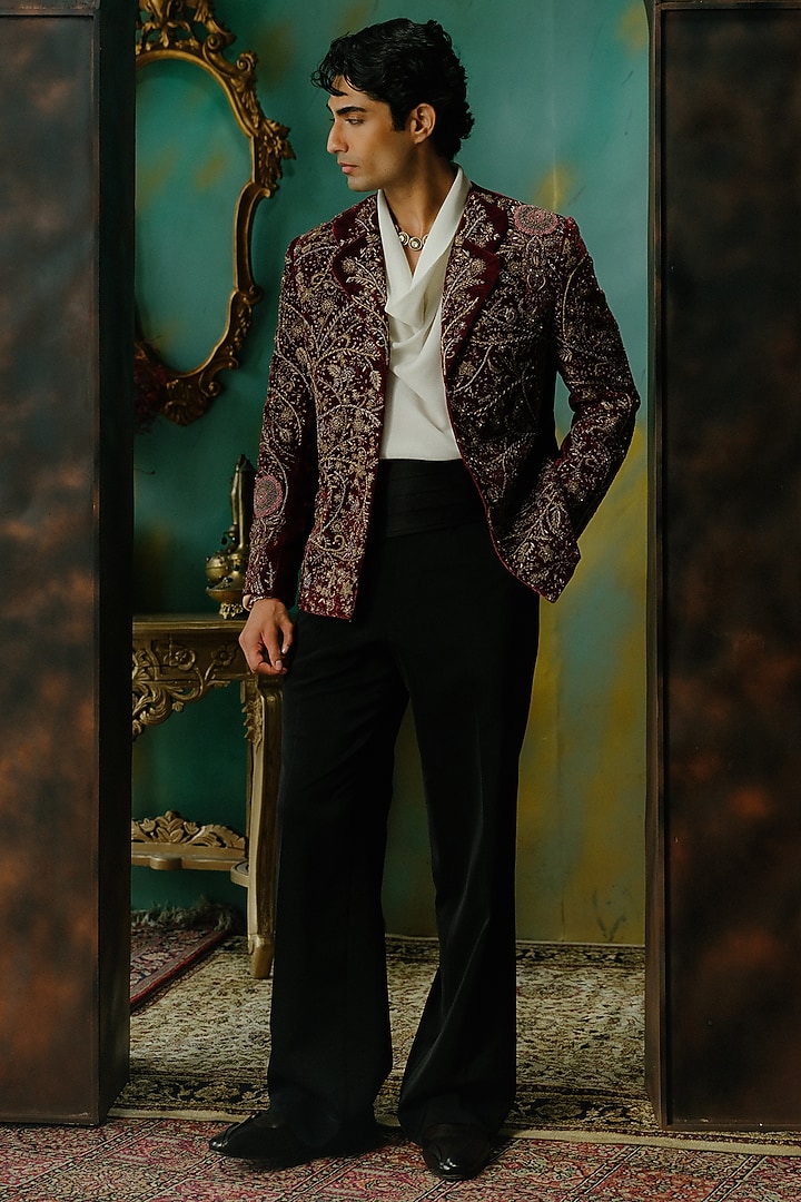 Wine Velvet Embroidered Blazer Set by Jatin Malik at Pernia's Pop Up Shop