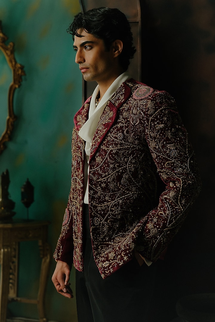 Wine Velvet Embroidered Blazer Set by Jatin Malik at Pernia's Pop Up Shop