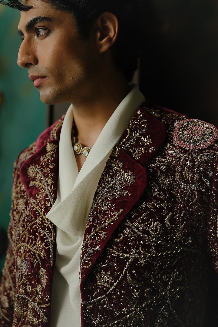 Wine Velvet Embroidered Blazer Set by Jatin Malik at Pernia's Pop Up Shop