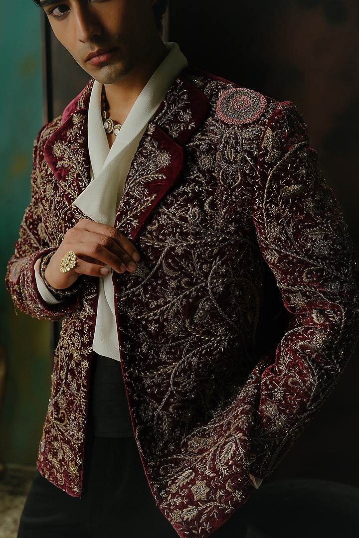 Wine Velvet Embroidered Blazer Set by Jatin Malik at Pernia's Pop Up Shop